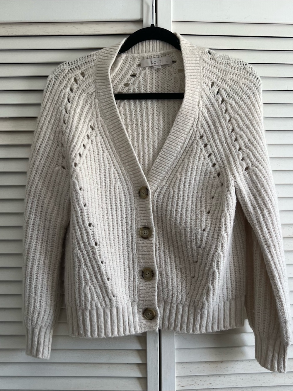 LOFT Cream Open-Knit Button Cardigan